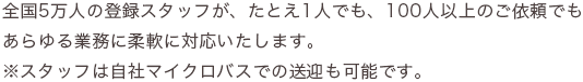 仕事の増加の為、多人数の人員が急に必要になった。突発的に仕事が発生し、専門技術を持つ人材が急に必要になった。そんな時も前日、FAX1枚で人数確保が可能です！11の拠点から、専任コーディネーターがいち早くお伺いいたします。人材供給力とスピードが自慢です。