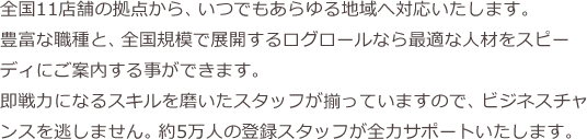 ログロール独自のジャストオンタイム制度で、短時間でも軽作業から重作業、さらに複合作業まで柔軟に対応いたします。また、長期的に人員確保されたい場合も、定着率の高いフレッシュなスタッフをご用意！スタッフリーダー、統括責任者を配して万全の管理体制を敷き、各職場での綿密なミーティングでスタッフの意識向上を図ります。