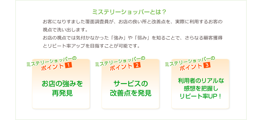 お客になりすました覆面調査員が、お店の良い所と改善点を、実際に利用するお客の視点で洗い出します。お店の視点では気付かなかった「強み」や「弱み」を知ることで、さらなる顧客獲得とリピート率アップを目指すことが可能です。