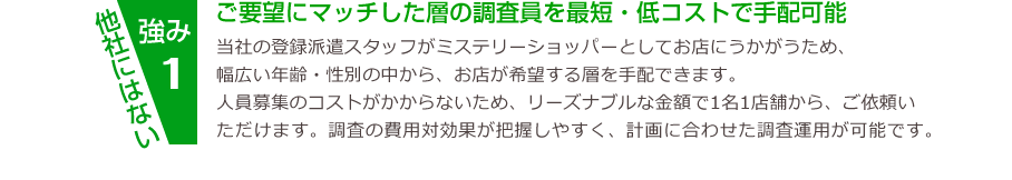 他社にない強み1 ご要望にマッチした層の調査員を最短・低コストで手配可能