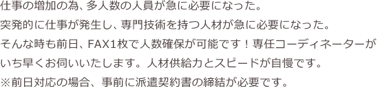 東京エリアに豊富な人材をもつログロールは、ご希望の人材をスピーディにご案内することが可能です。即戦力になるスキルを磨いたスタッフが揃っていますので、ビジネスチャンスを逃しません。約5万人の登録スタッフが全力サポートいたします。